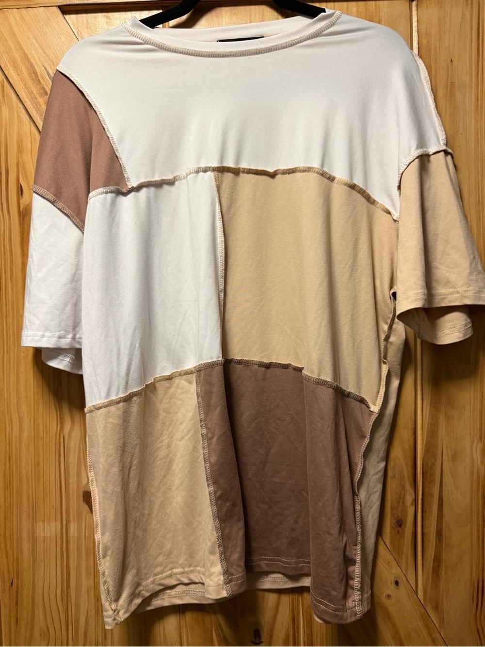 SHEIN Colorblock Patchwork Short Sleeve Tee in White, Cream & Brown